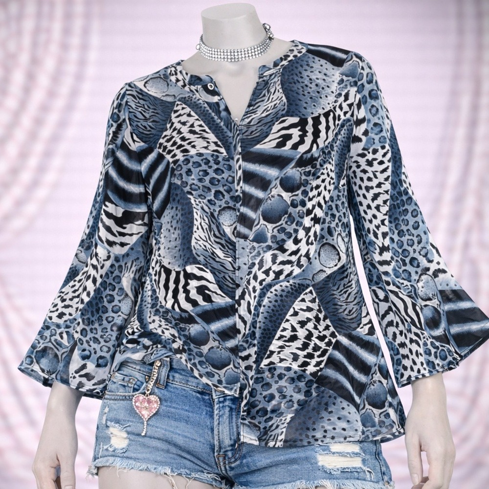 Vintage Y2K Signature Open Front Sheer Top Blouse Womens Large Blue Animal Print